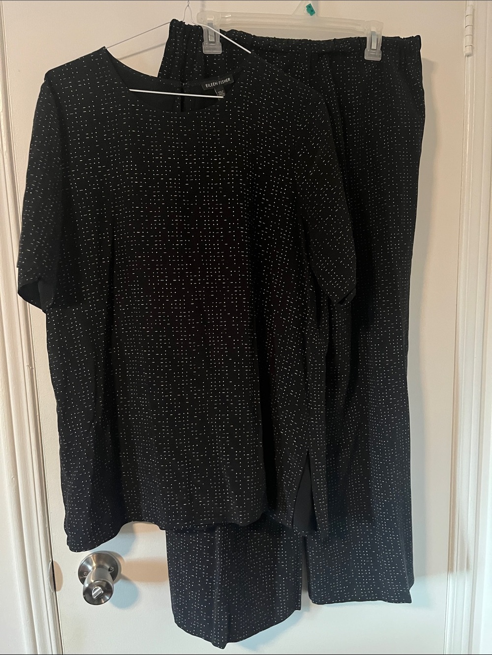 Eileen Fisher Black Micro-Dot Short Sleeve Top with matching pants